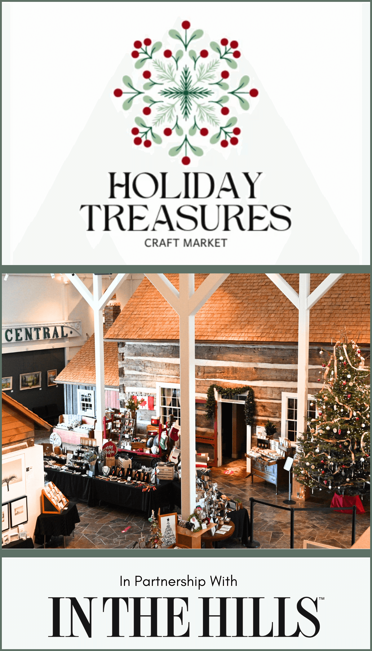 The holiday treasures logo with a photograph of the interior of the museum.