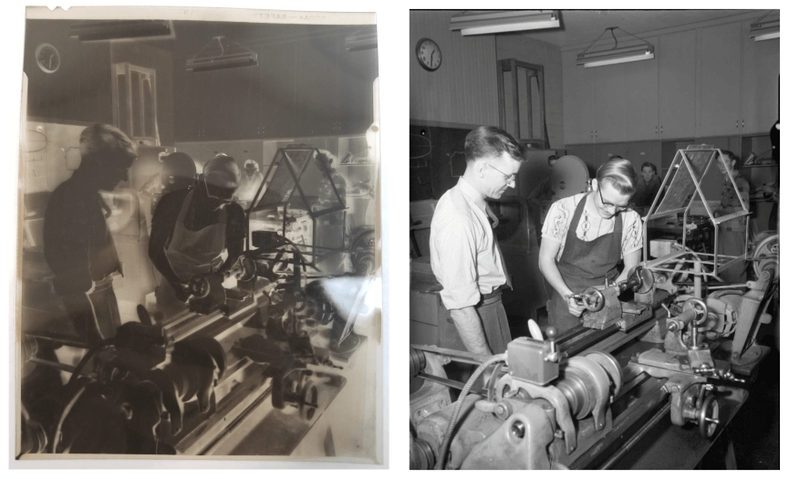 two boys standing behind a wood lathe in a classroom